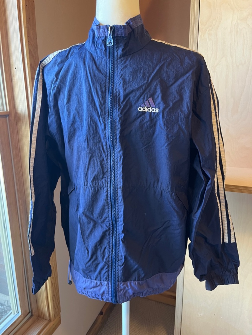Adidas Vintage Men's Dark Blue and purple Windbreaker with White Stripes